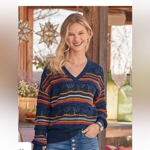 Sundance Alysha Open Knit Striped Cotton Blend V Neck Oversized Sweater